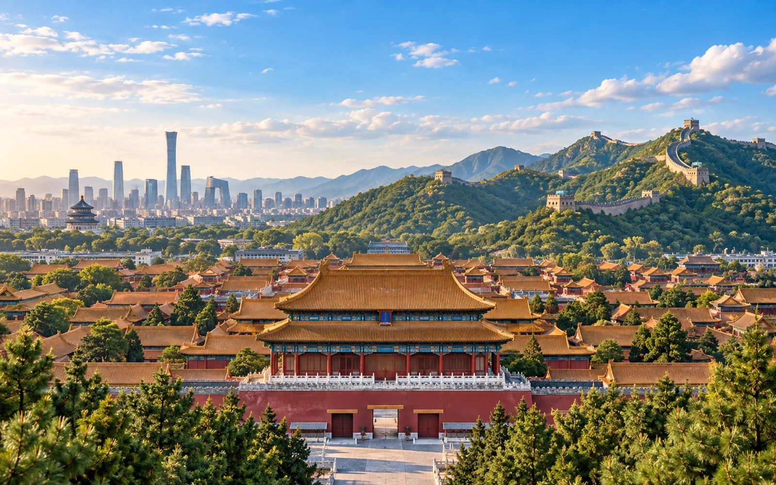 北京故宫、长城与城市天际线全景