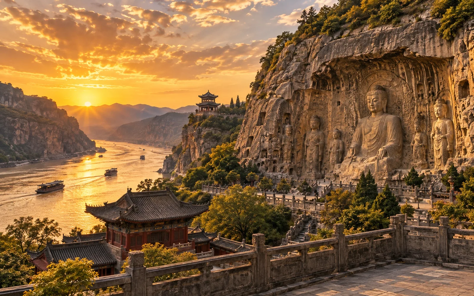 河南龙门石窟、伊河与夕阳山景