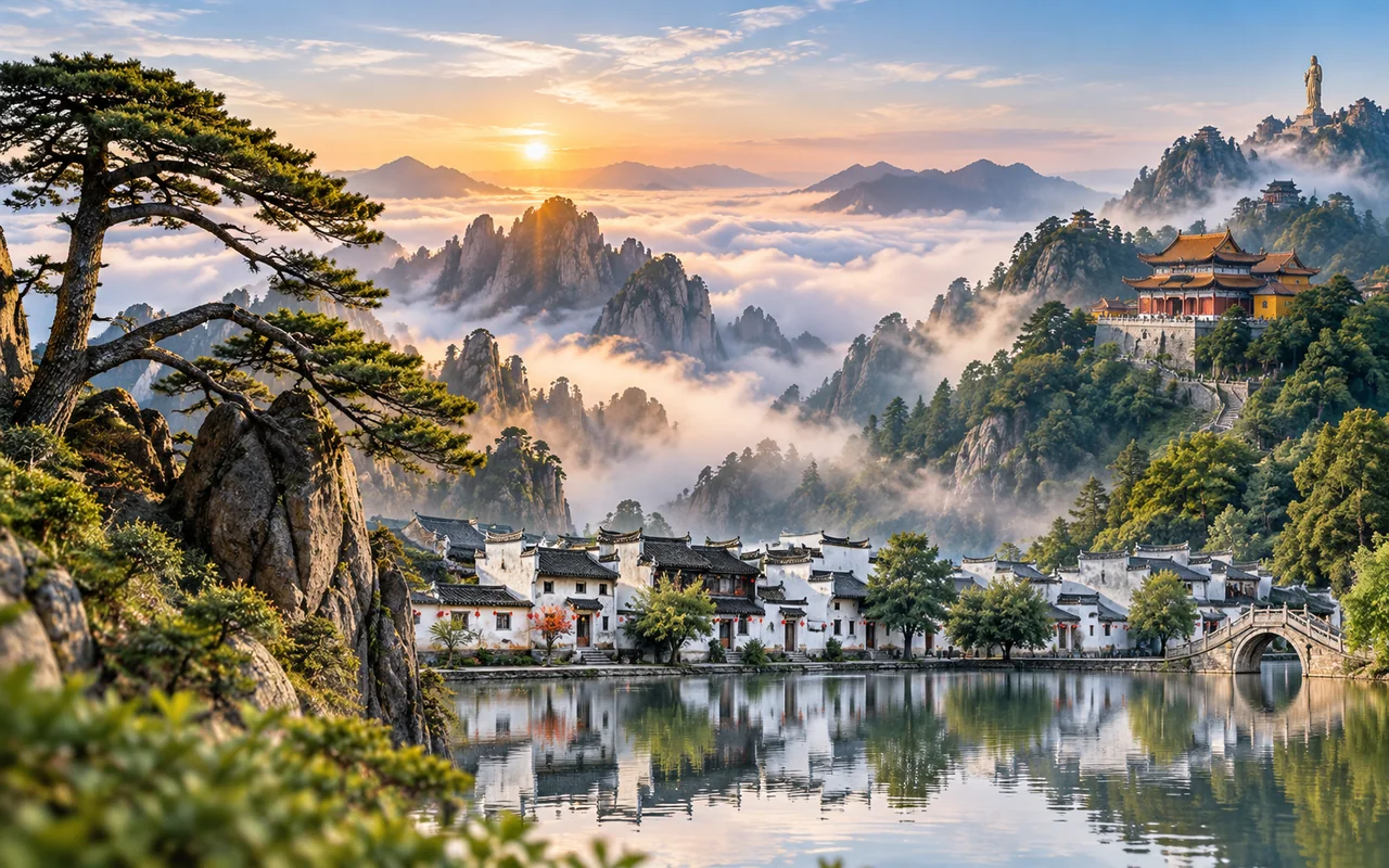 黄山云海、奇松、徽派村落与山间寺院